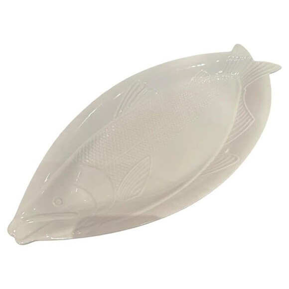 Large Fish Platter, Pesce Crema Oval Pottery, Nautical Neutrals Made in Japan - Picture 2 of 7